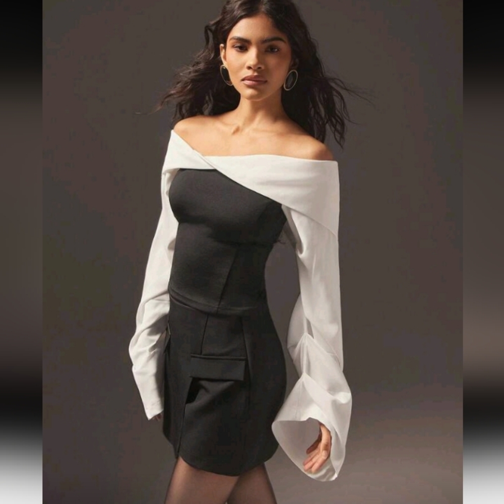 Old Money Sexy Business Casual Off Shoulder Color Block Flare Sleeve Blouse